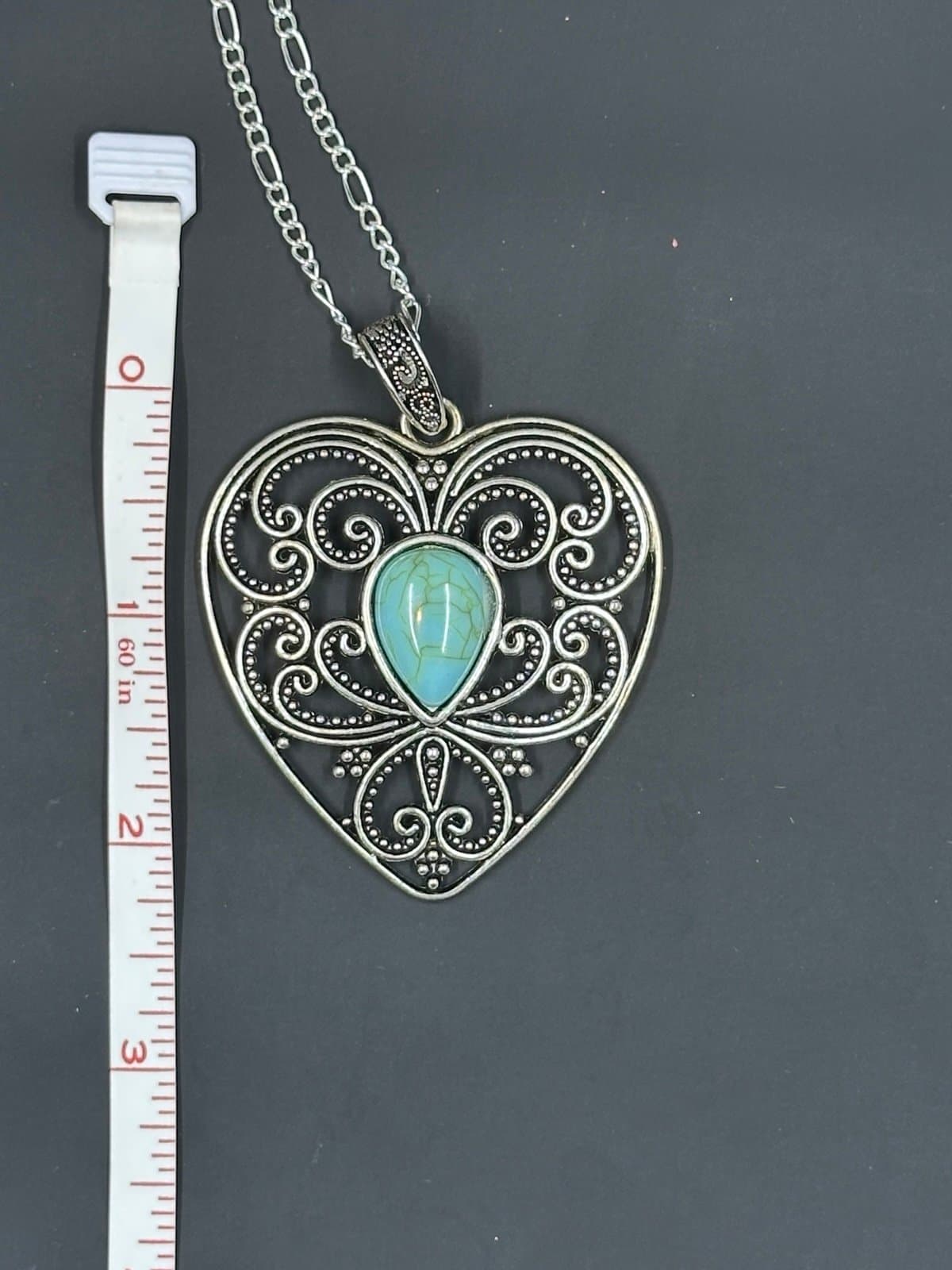 Vintage Necklace Pendant Heart Faux Turquoise Silver Tone - Thumbnail 6