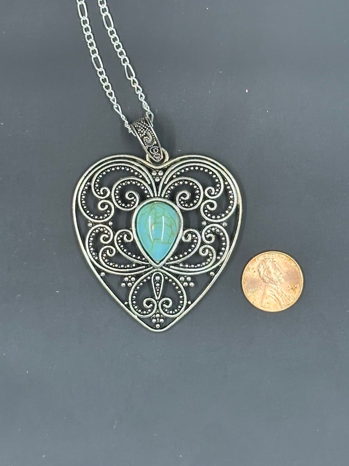 Vintage Necklace Pendant Heart Faux Turquoise Silver Tone - Thumbnail 5