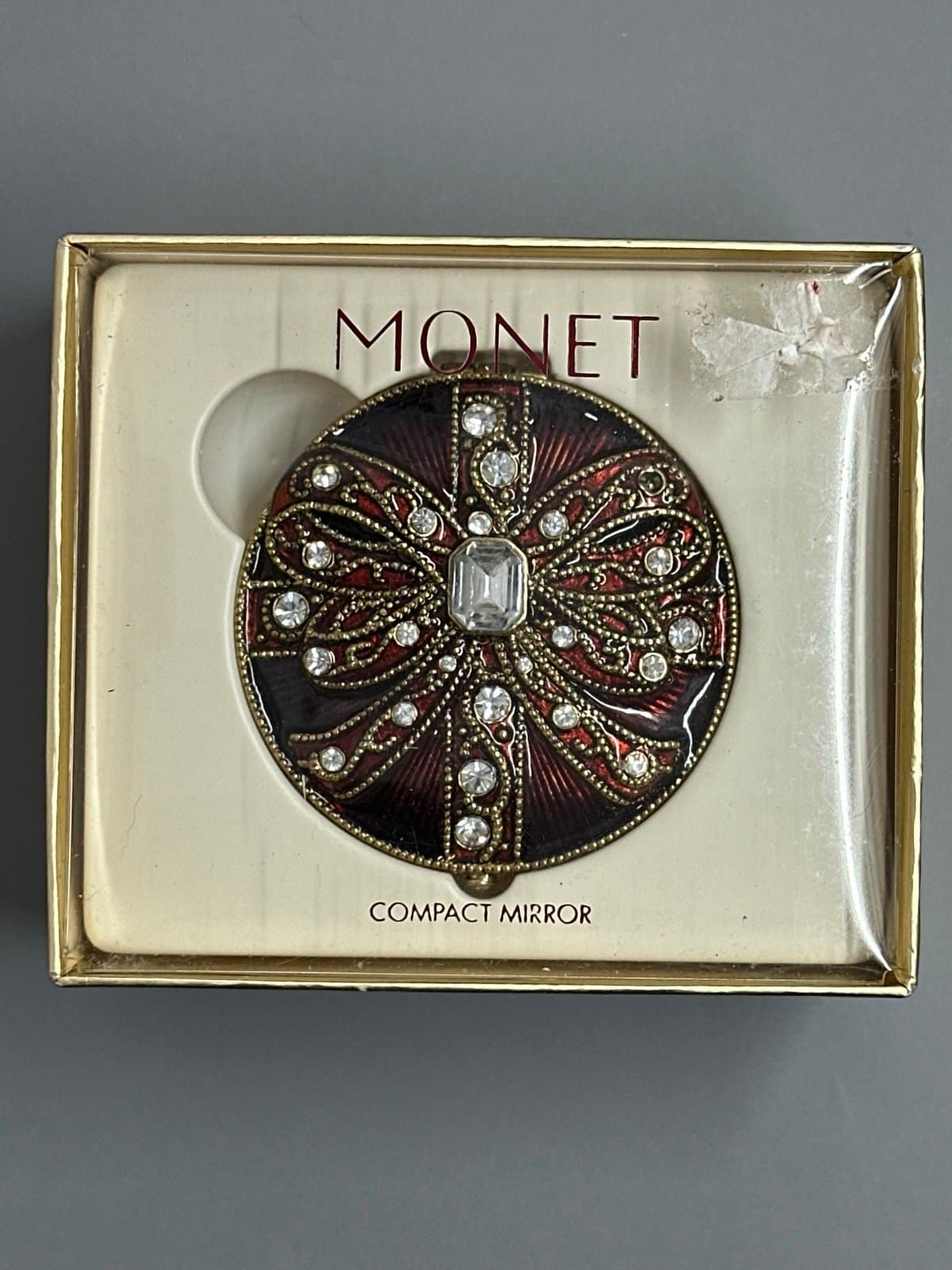 Monet Vintage Art Deco Red Rhinestone Bow Compact Mirror Double Sided – Elegant