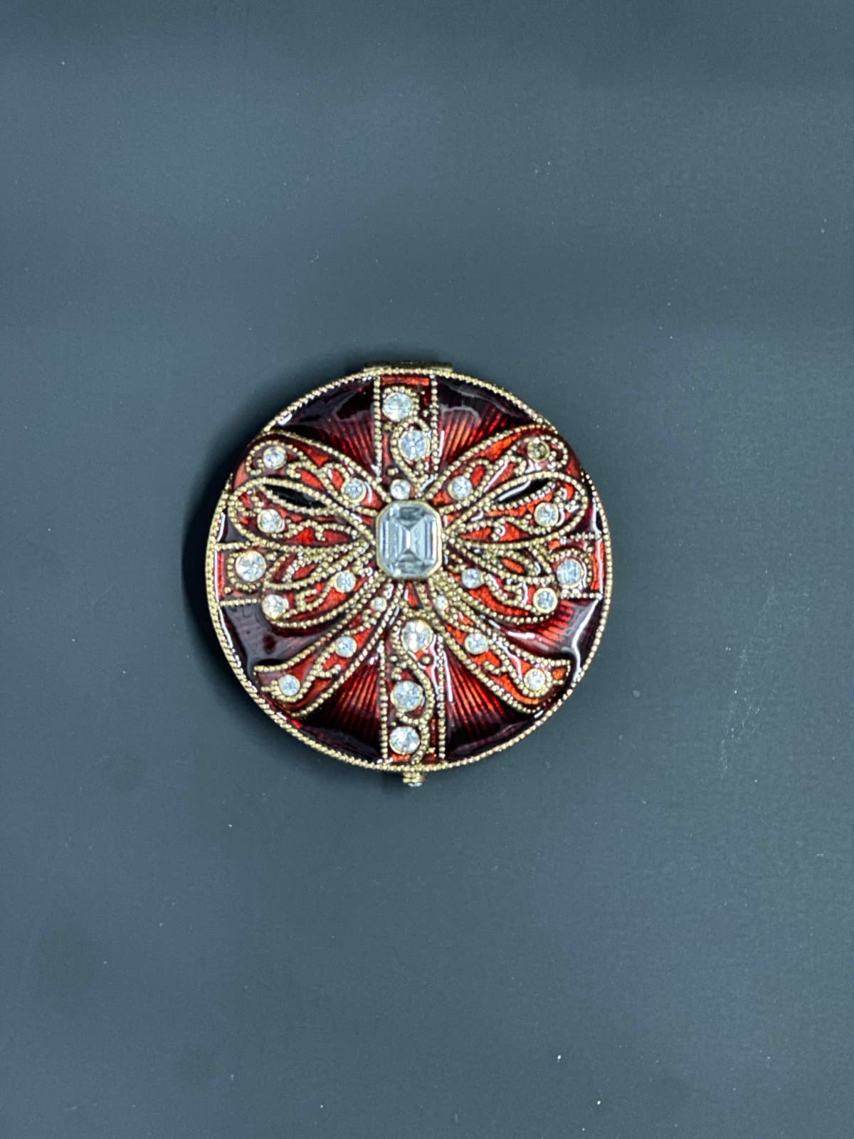 Monet Vintage Art Deco Red Rhinestone Bow Compact Mirror Double Sided – Elegant - Thumbnail 3
