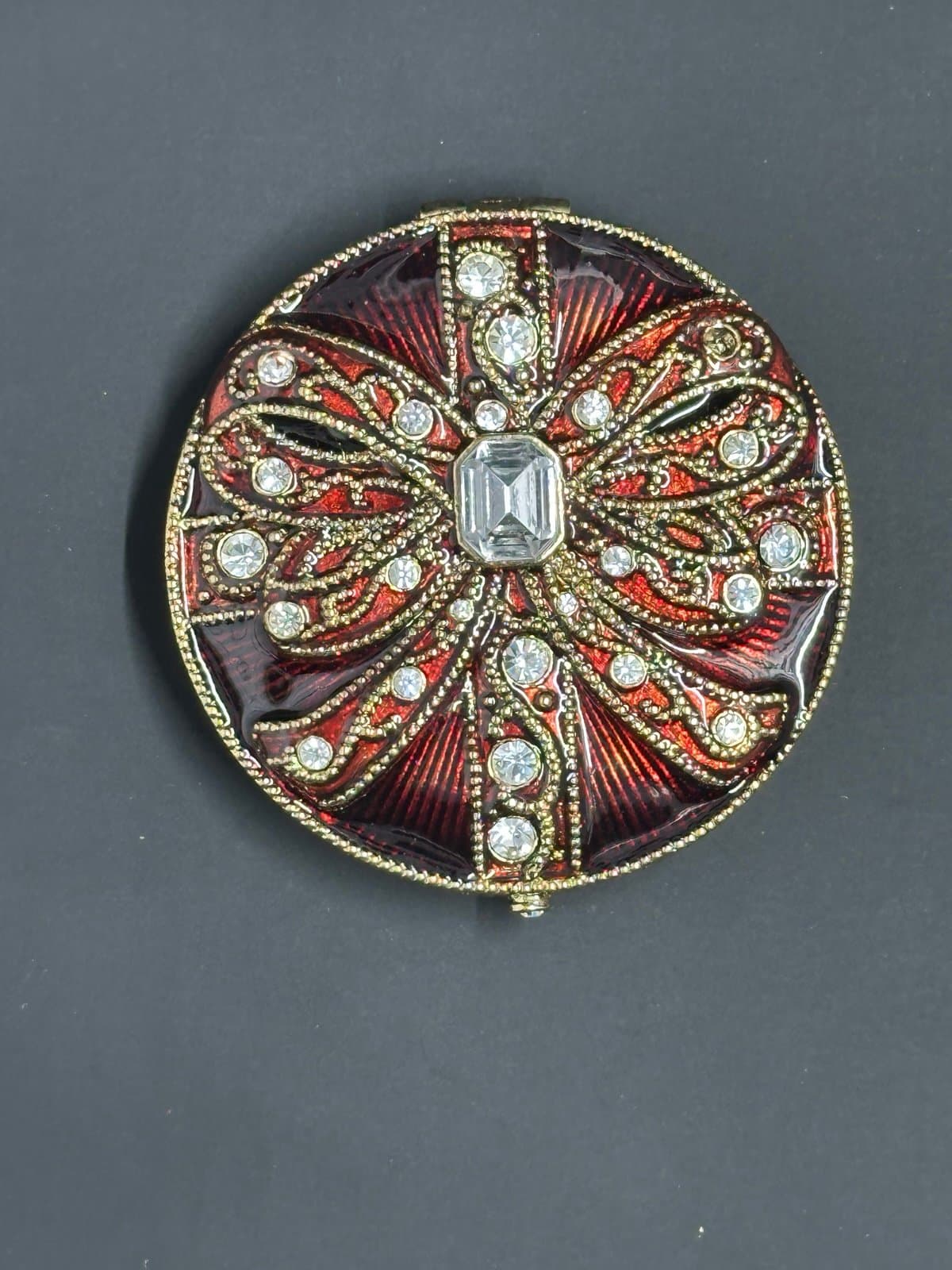 Monet Vintage Art Deco Red Rhinestone Bow Compact Mirror Double Sided – Elegant - Thumbnail 4