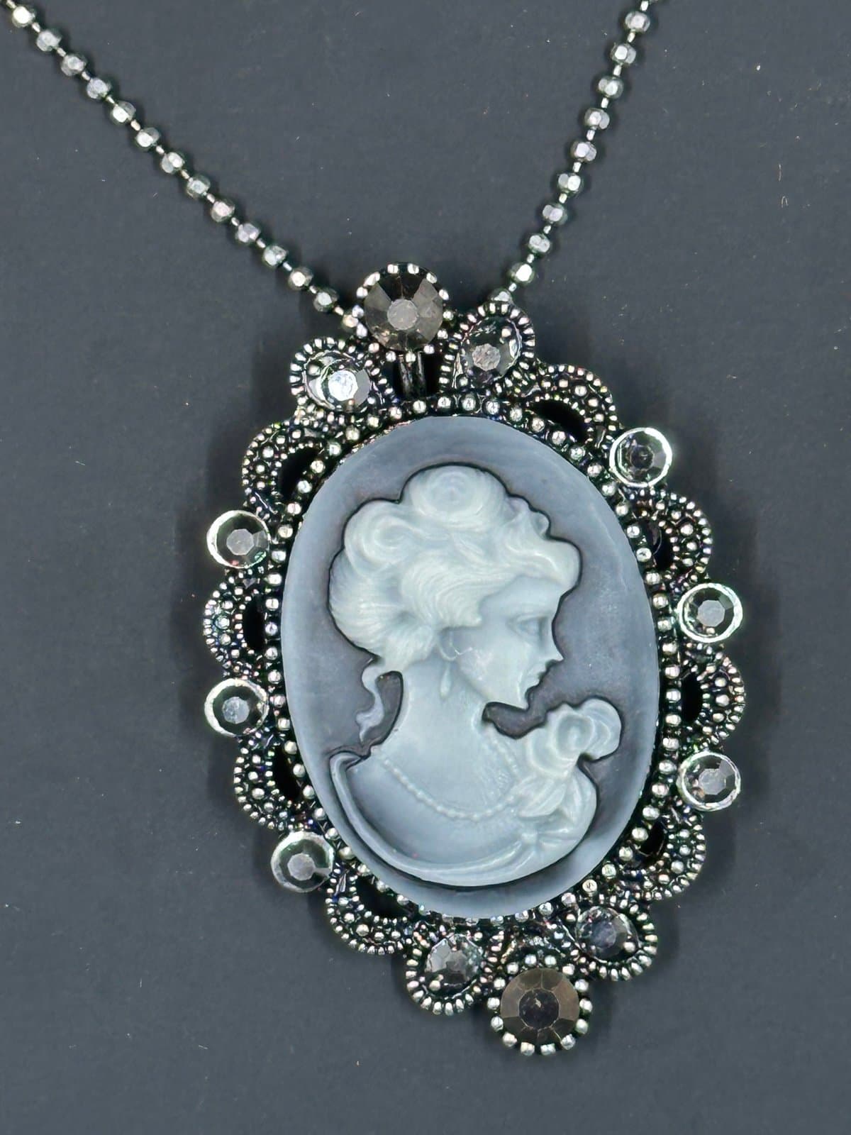 Signed CN Silver-Tone Gray Cameo Necklace/Brooch Marcasite-Beautiful! - Thumbnail 3