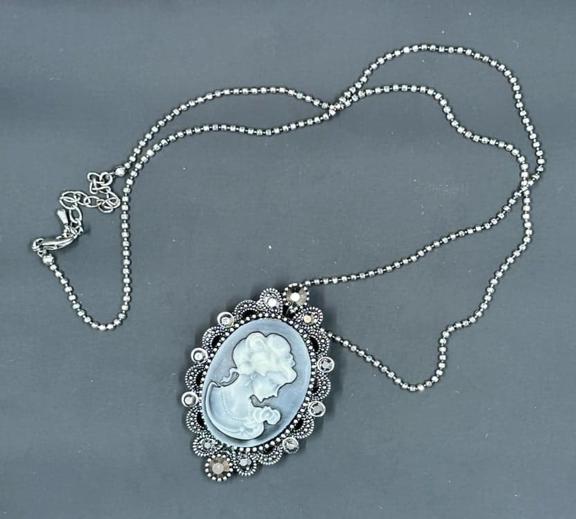 Signed CN Silver-Tone Gray Cameo Necklace/Brooch Marcasite-Beautiful!