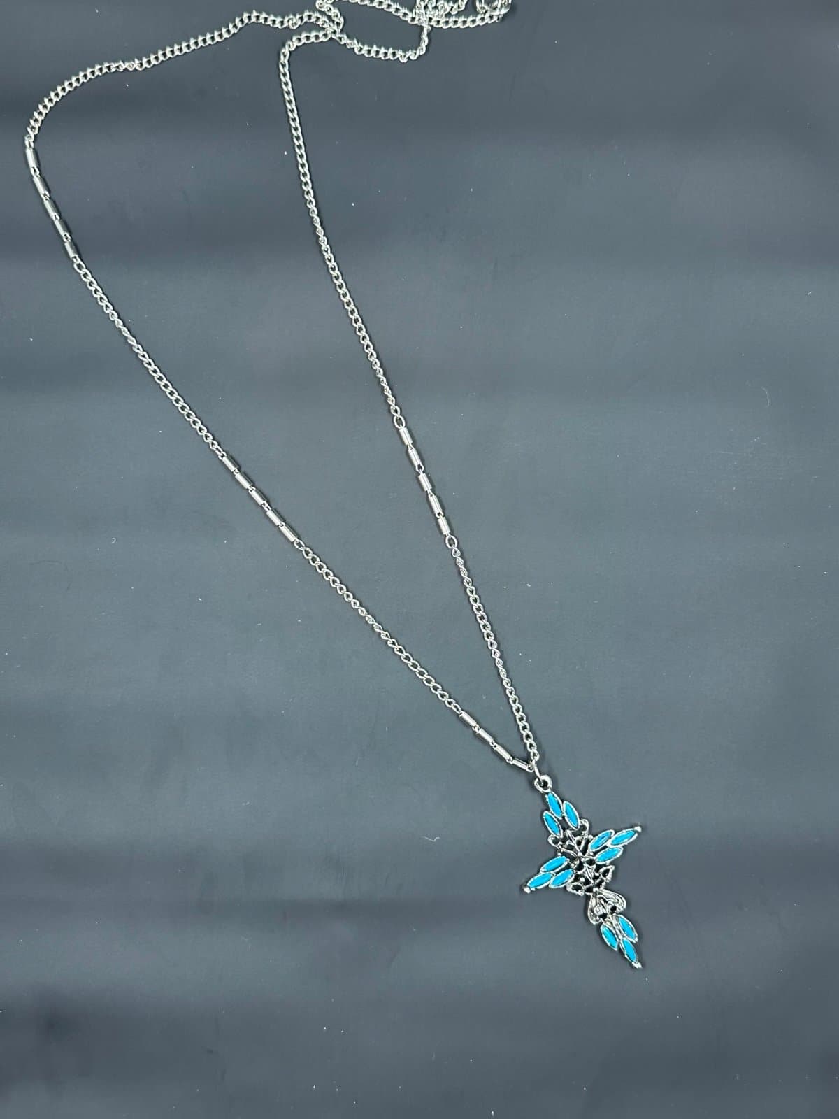 Vintage Necklace Pendant Signed Roma Cross Faux Turquoise Silver Tone