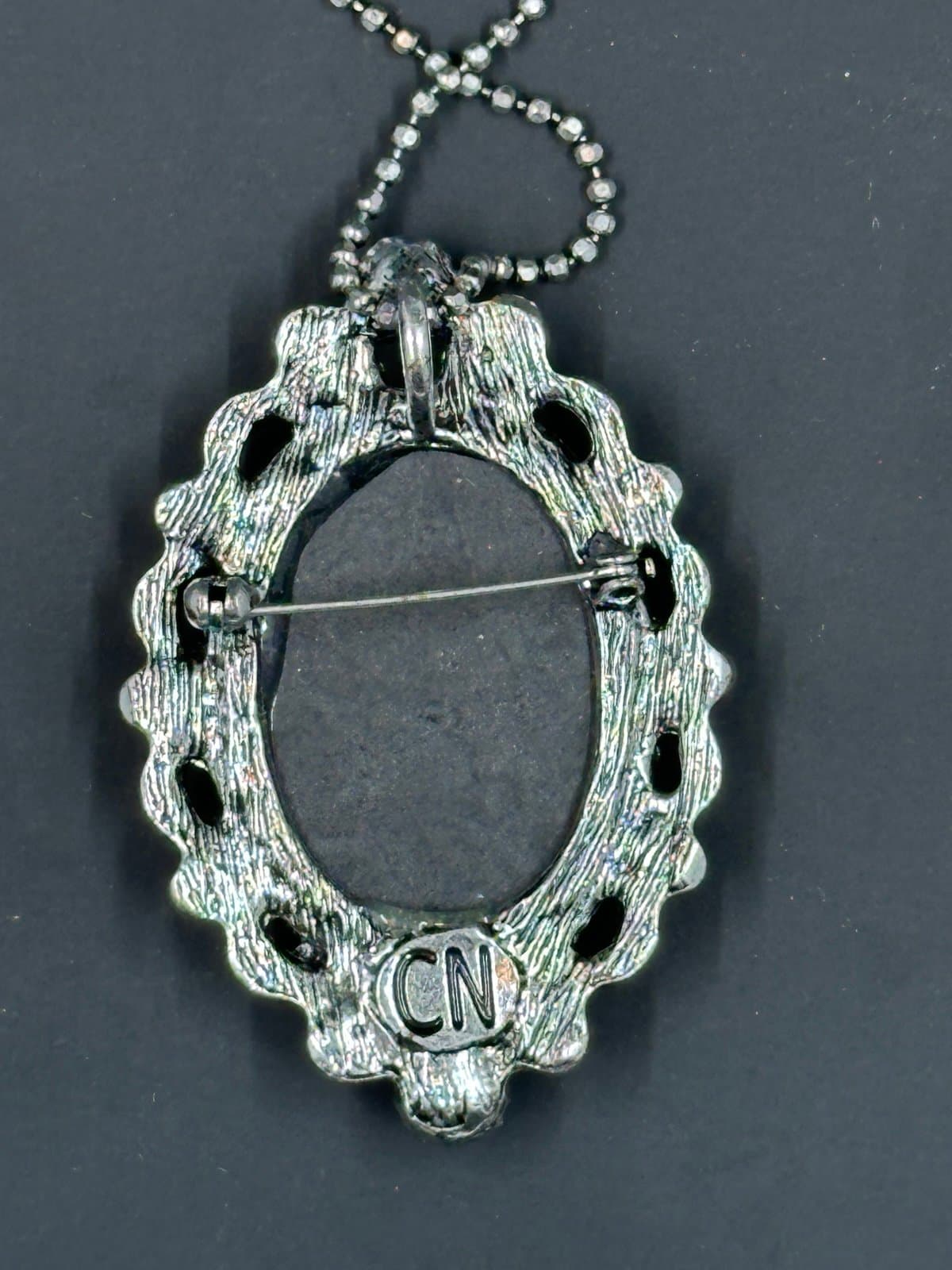 Signed CN Silver-Tone Gray Cameo Necklace/Brooch Marcasite-Beautiful! - Thumbnail 4