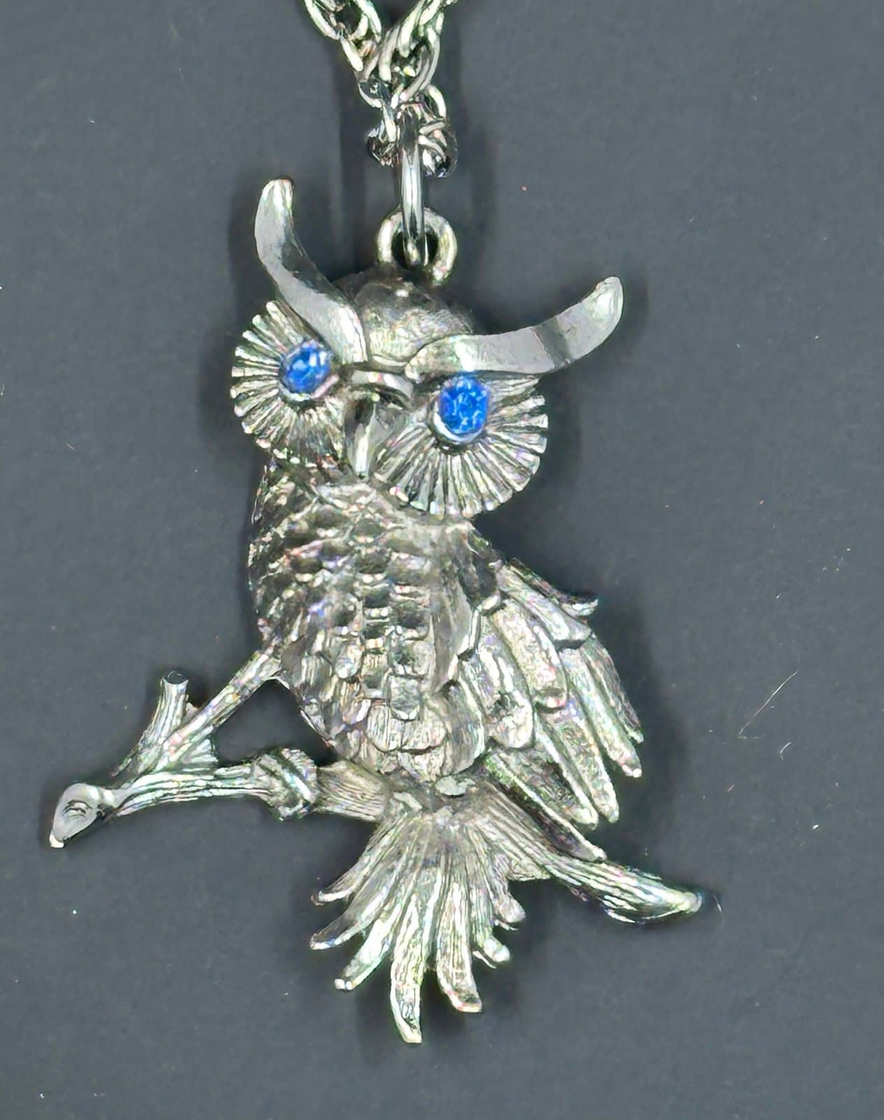 Owl Charm Pewter Pendant Silver Crystal Blue Rolo Chain Necklace 24” Owls Birds - Thumbnail 2