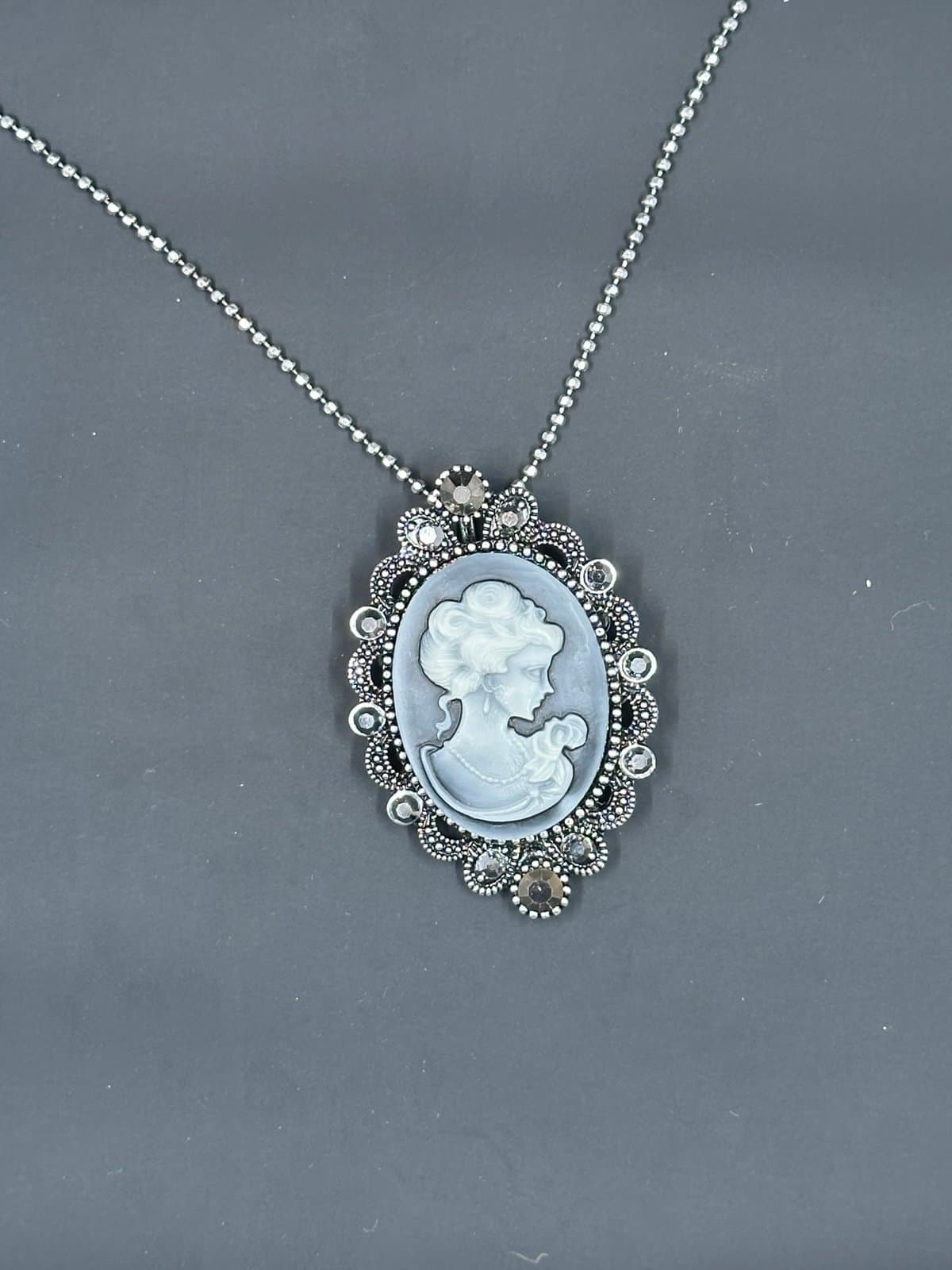 Signed CN Silver-Tone Gray Cameo Necklace/Brooch Marcasite-Beautiful! - Thumbnail 2
