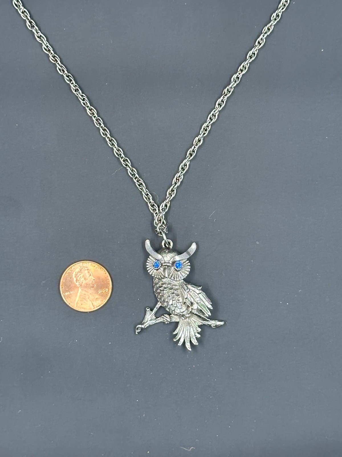 Owl Charm Pewter Pendant Silver Crystal Blue Rolo Chain Necklace 24” Owls Birds