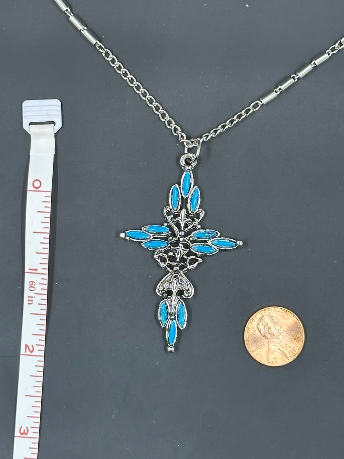 Vintage Necklace Pendant Signed Roma Cross Faux Turquoise Silver Tone - Thumbnail 2