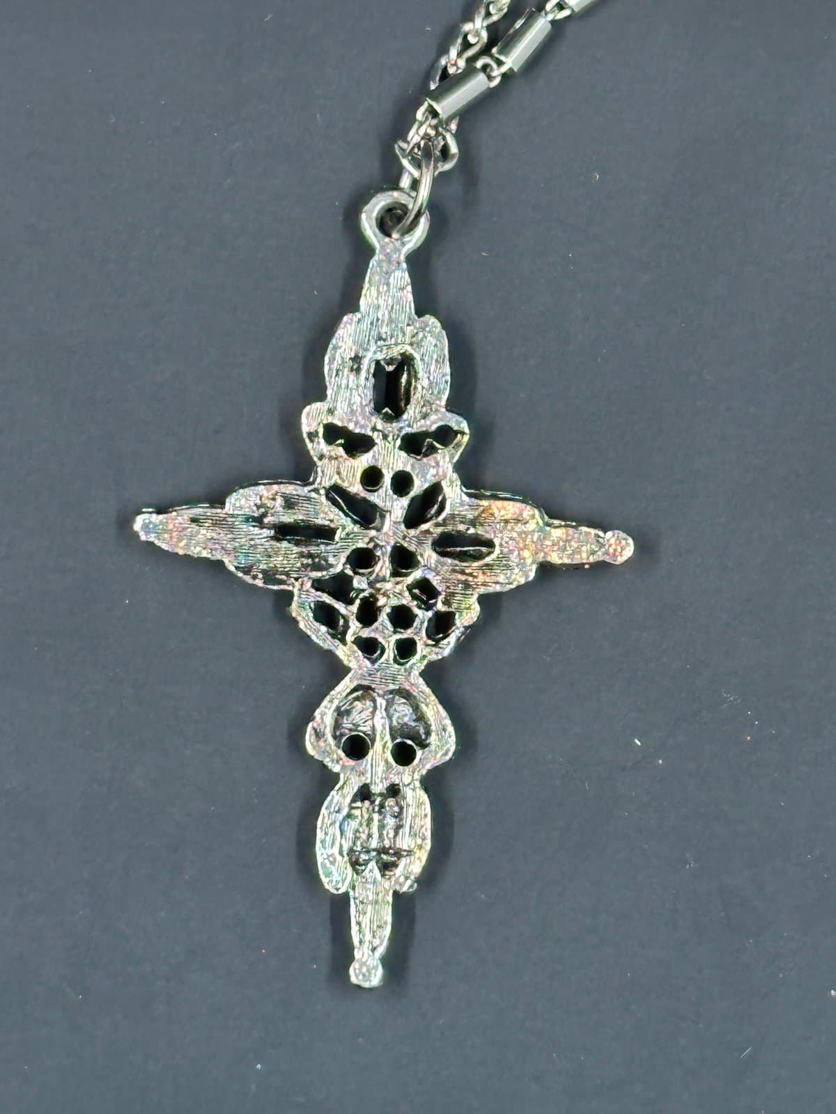 Vintage Necklace Pendant Signed Roma Cross Faux Turquoise Silver Tone - Thumbnail 5