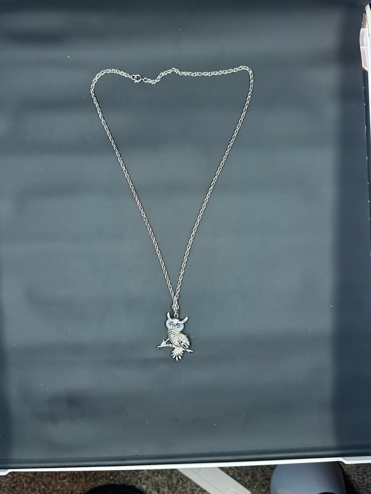 Owl Charm Pewter Pendant Silver Crystal Blue Rolo Chain Necklace 24” Owls Birds - Thumbnail 4