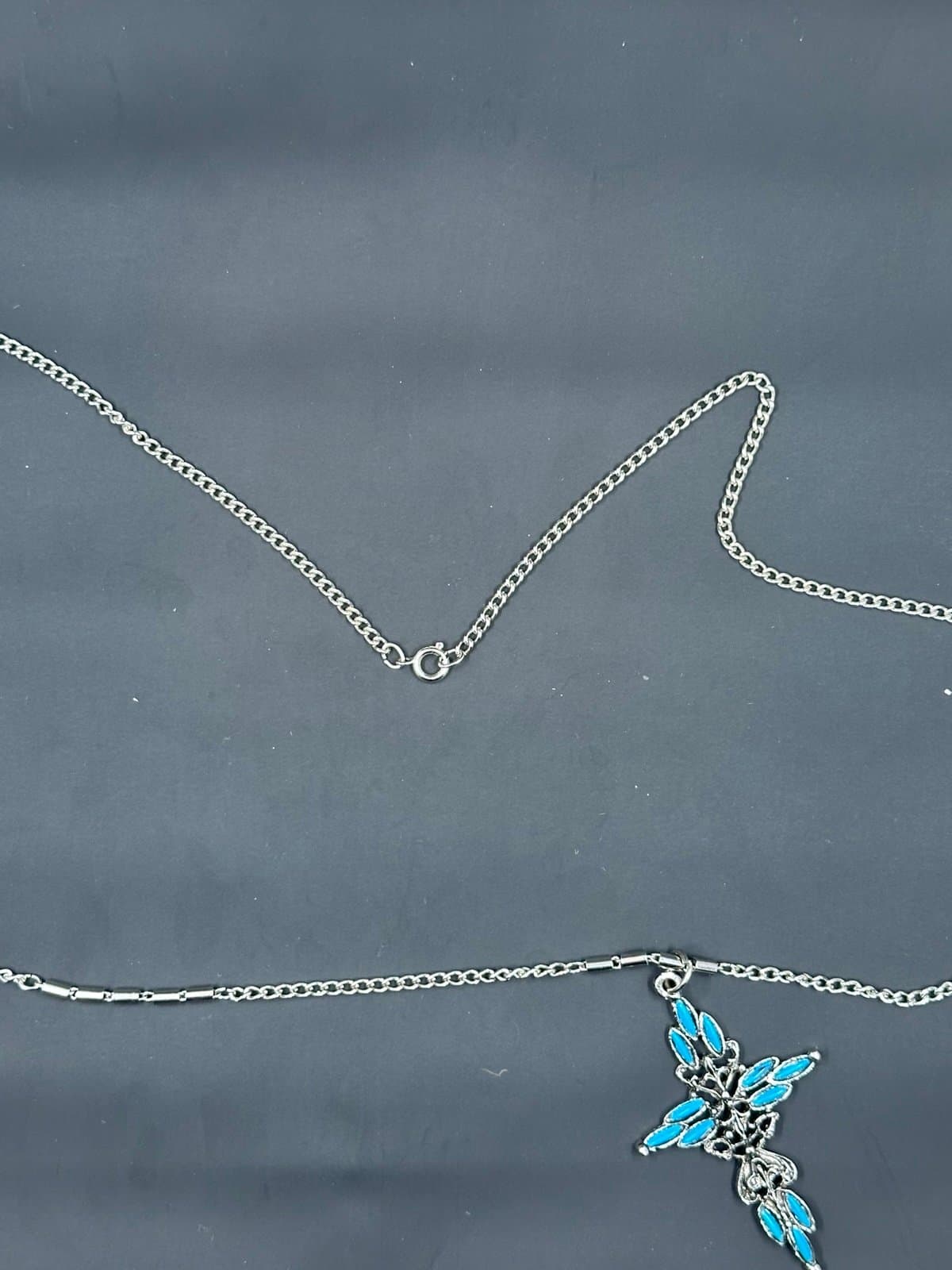Vintage Necklace Pendant Signed Roma Cross Faux Turquoise Silver Tone - Thumbnail 4
