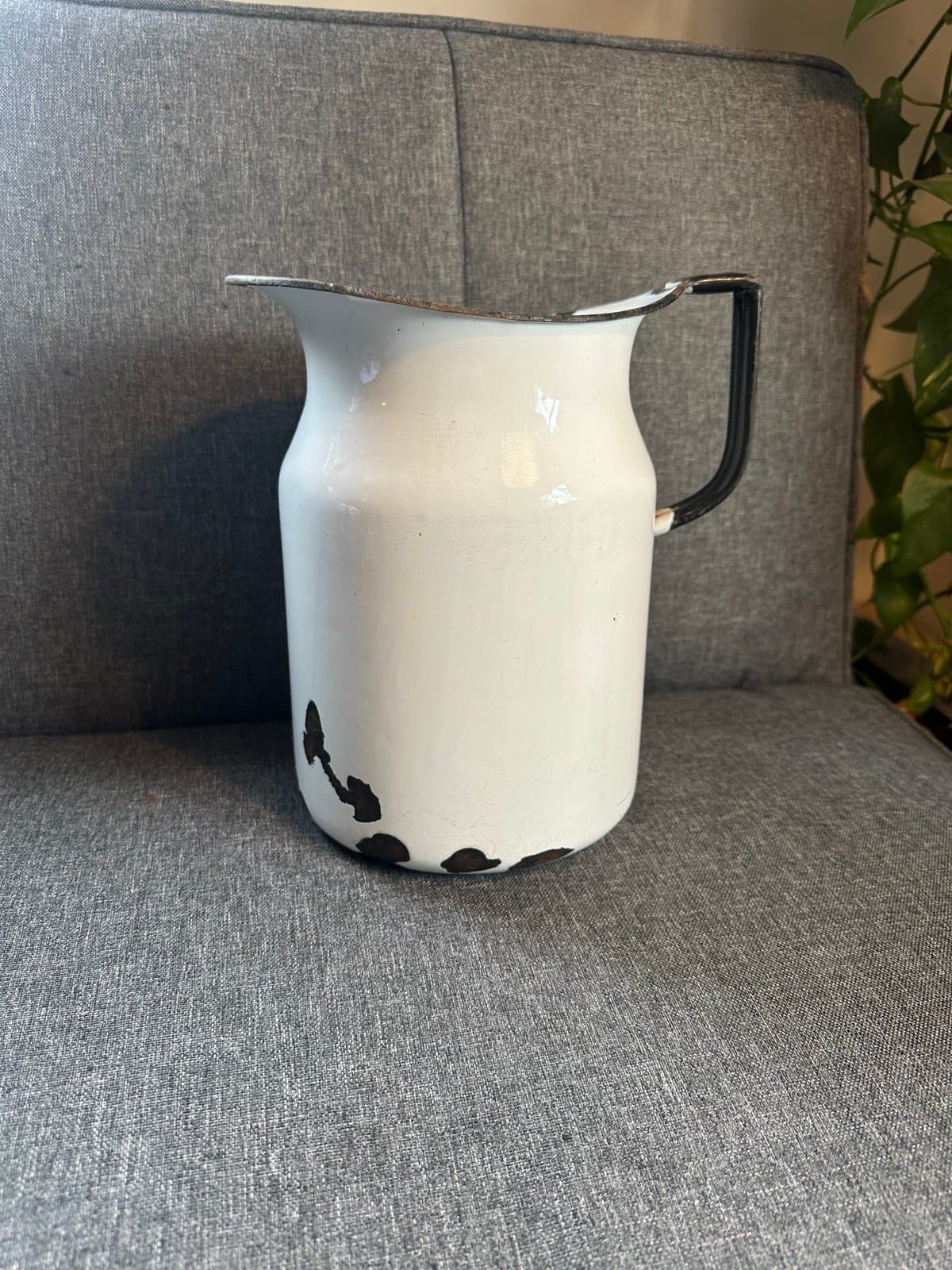 Vintage Antique Enamel, Milk, Water, Pitcher Black White - Thumbnail 2
