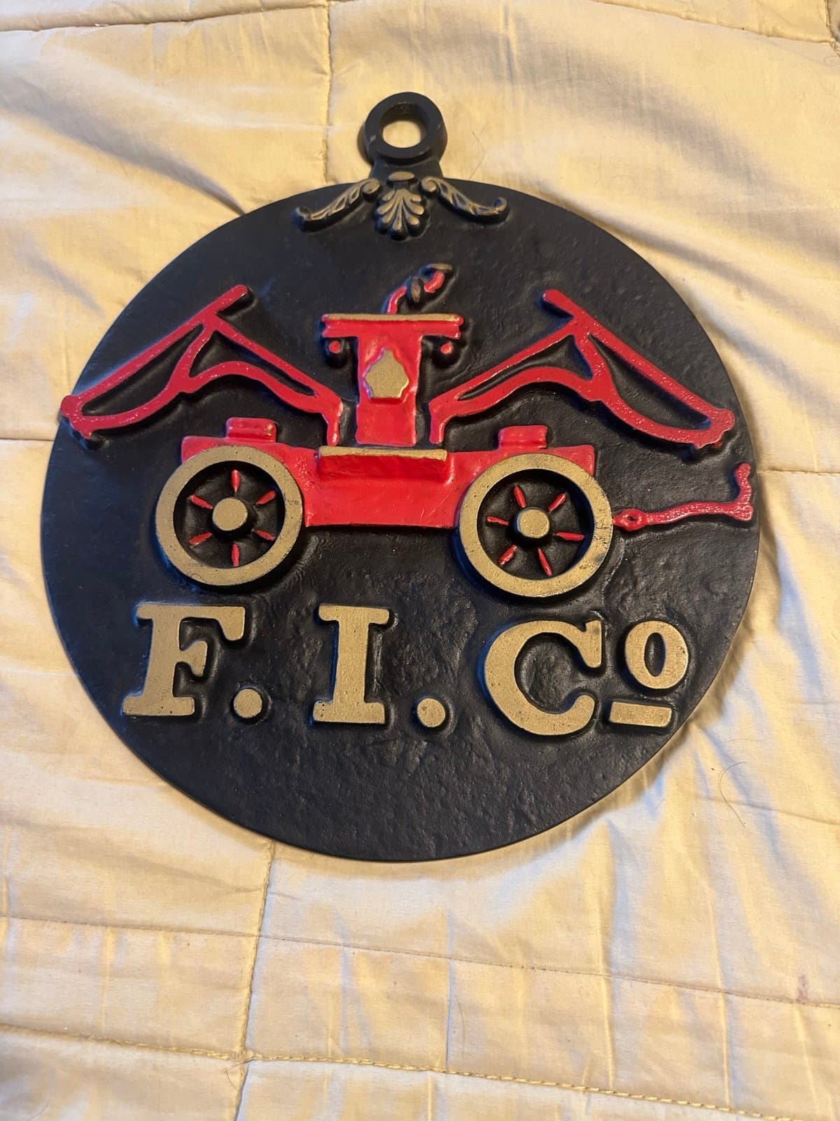 Vintage F. I. Co. Fire Insurance Company Cast Iron Fire Truck Plaque 11 3/4" D