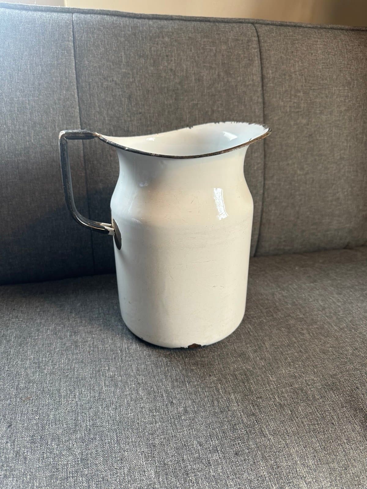 Vintage Antique Enamel, Milk, Water, Pitcher Black White