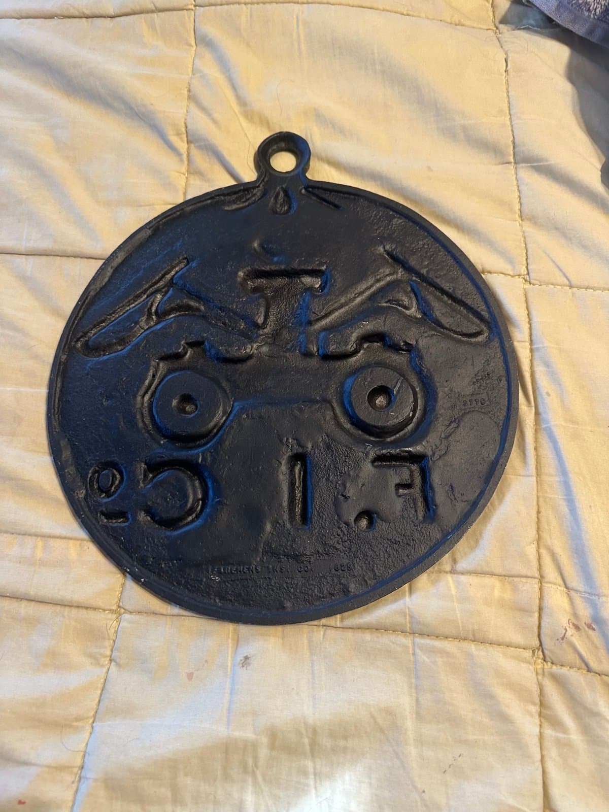 Vintage F. I. Co. Fire Insurance Company Cast Iron Fire Truck Plaque 11 3/4" D - Thumbnail 2