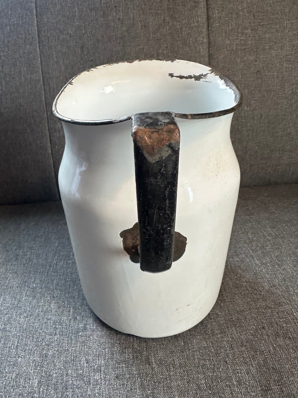 Vintage Antique Enamel, Milk, Water, Pitcher Black White - Thumbnail 5
