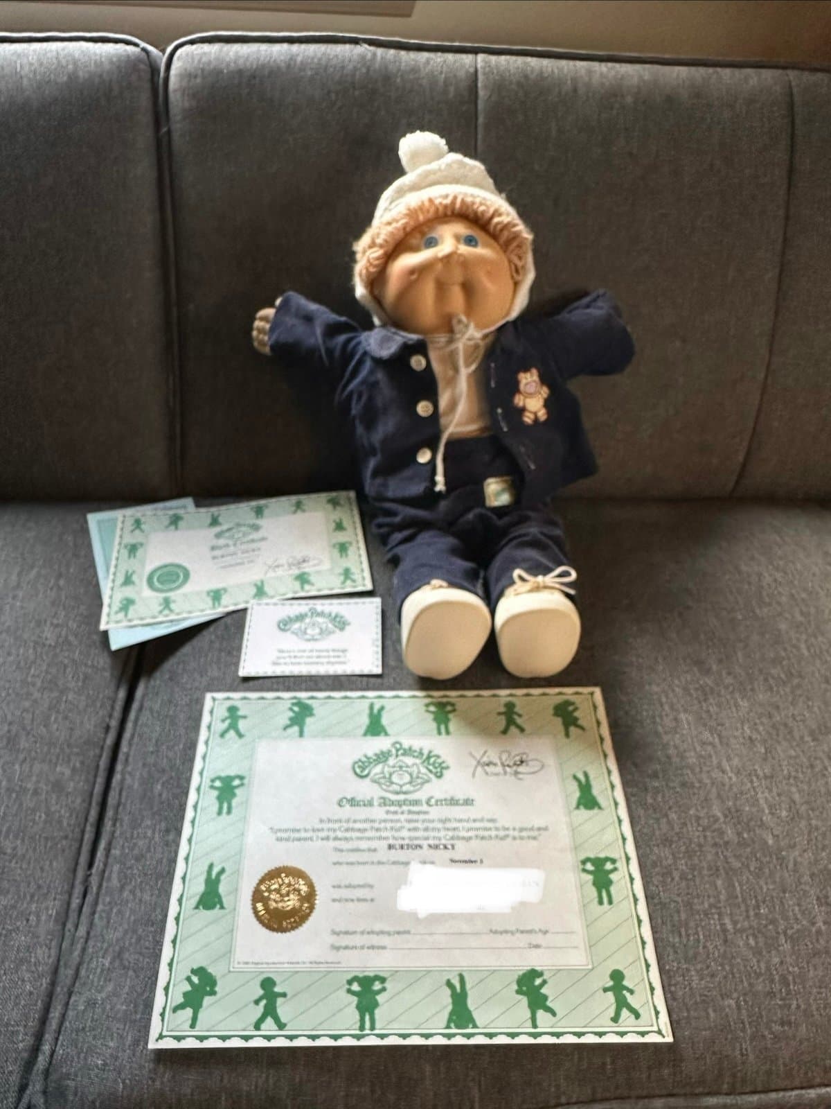 1985 Cabbage Patch Kid Boy Doll Signed BURTON NICKY W/ papers!!