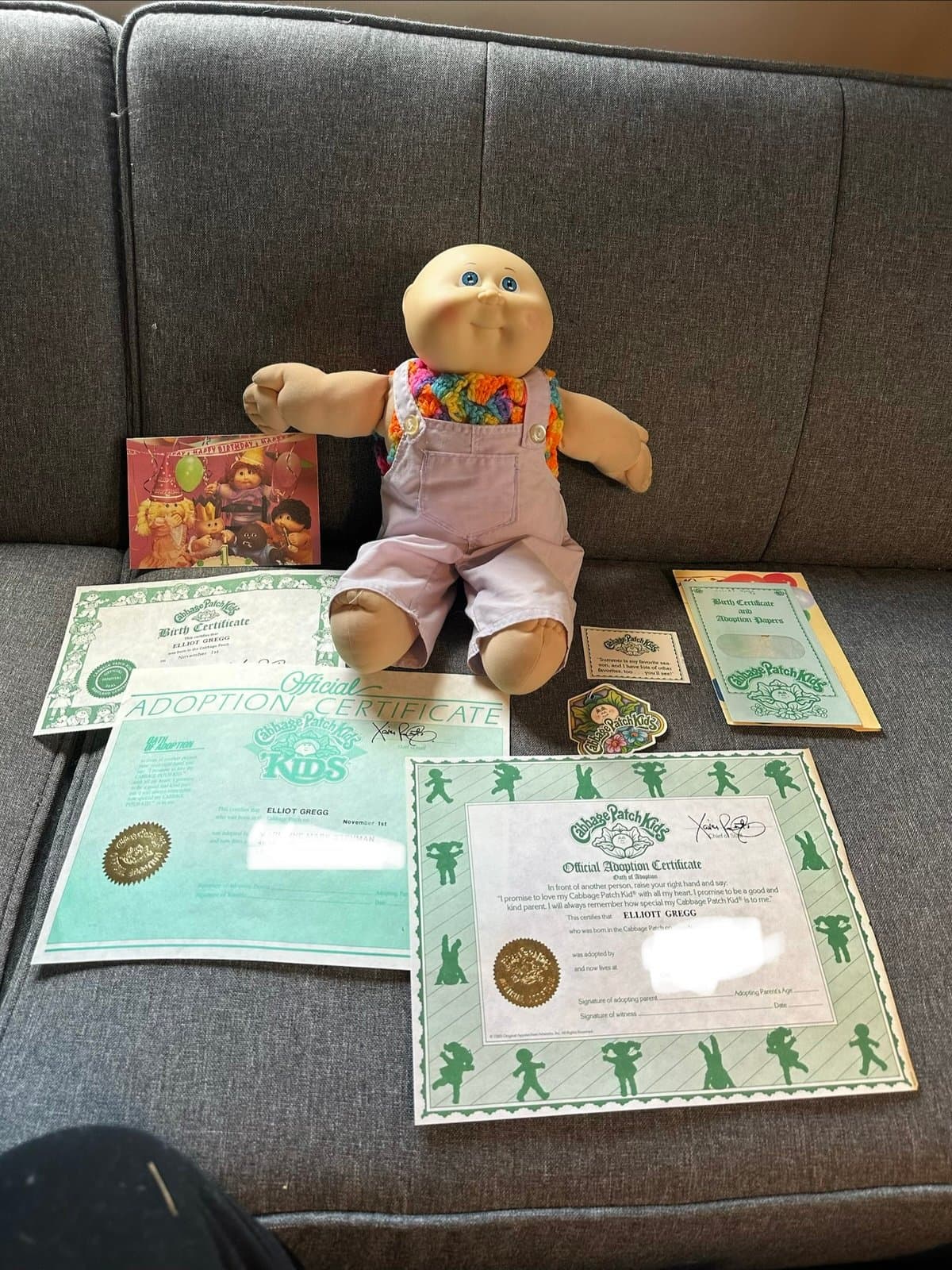 1985 Cabbage Patch Kid Boy Doll Signed “Elliott Gregg” W/ papers!!