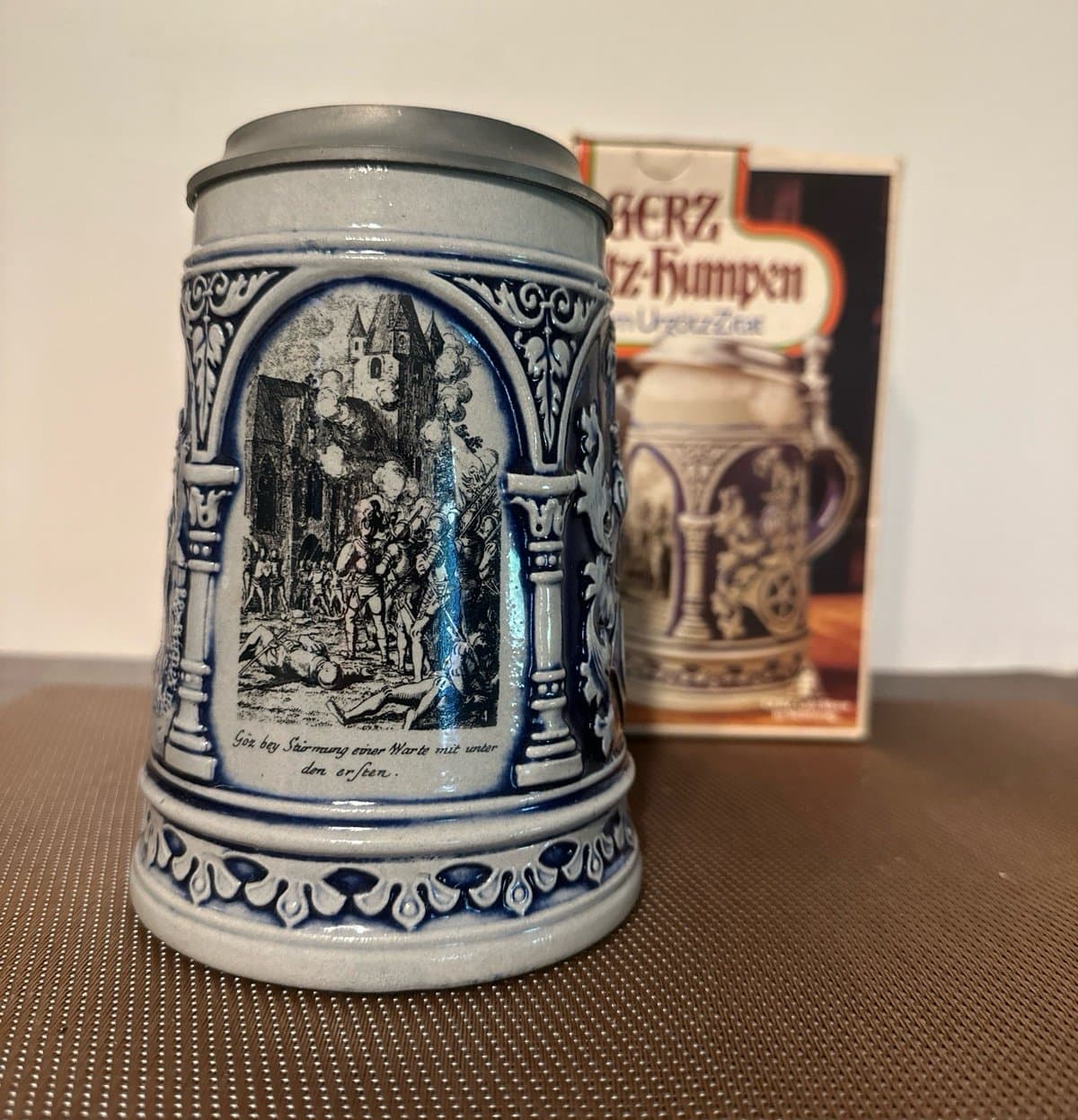 Vintage Gerz Gerzit German Beer Stein, Large Blue Salt Glaze Stoneware - Thumbnail 2