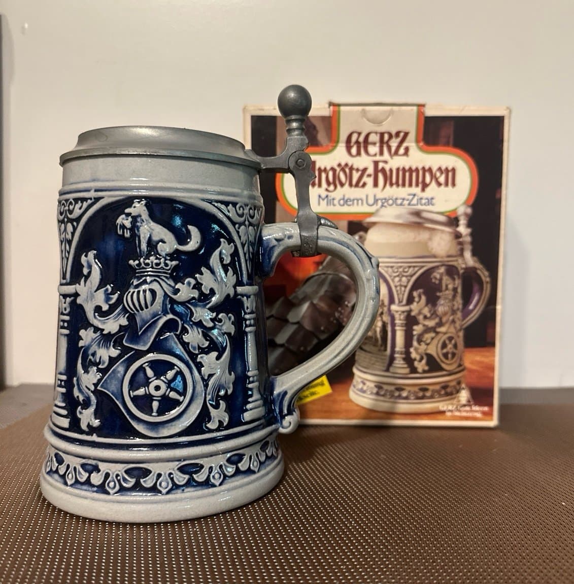 Vintage Gerz Gerzit German Beer Stein, Large Blue Salt Glaze Stoneware