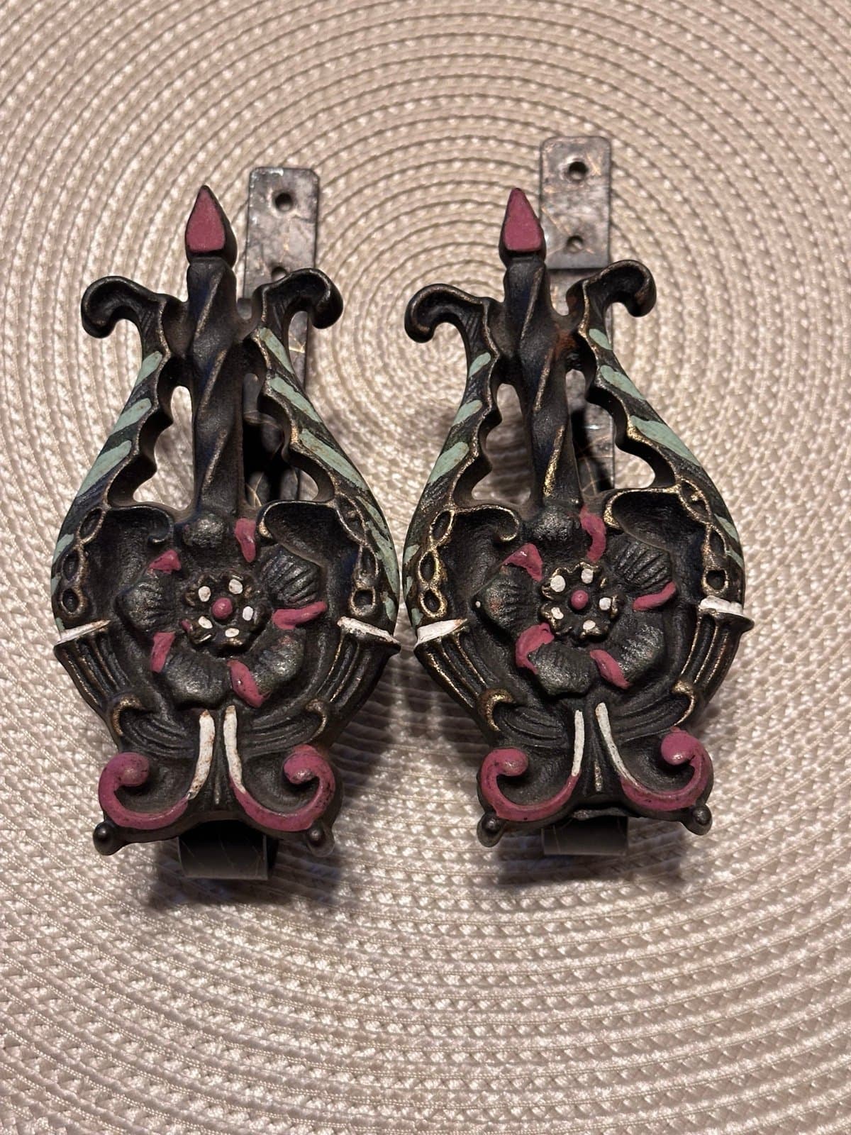 Vintage Polychrome Curtain Tiebacks - Metal - Art Nouveau - Ornate - Cast Iron