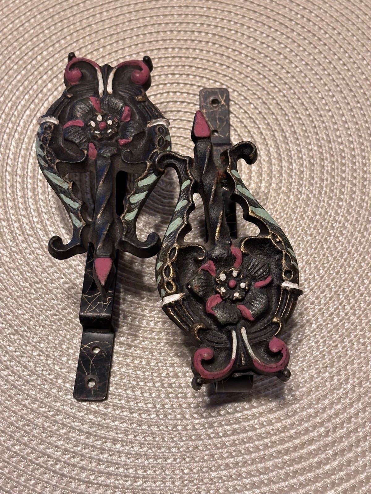 Vintage Polychrome Curtain Tiebacks - Metal - Art Nouveau - Ornate - Cast Iron - Thumbnail 2