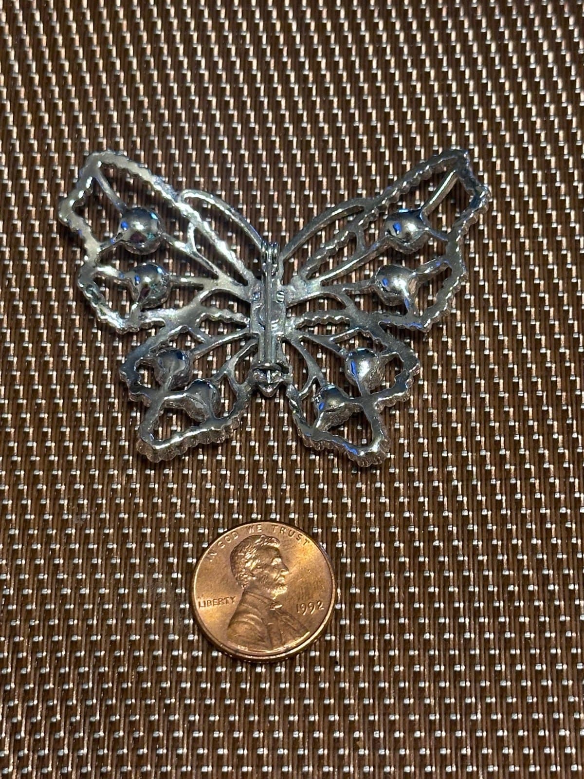 Vintage Silver Toned Diamond Butterfly Brooch, Costume - Thumbnail 3