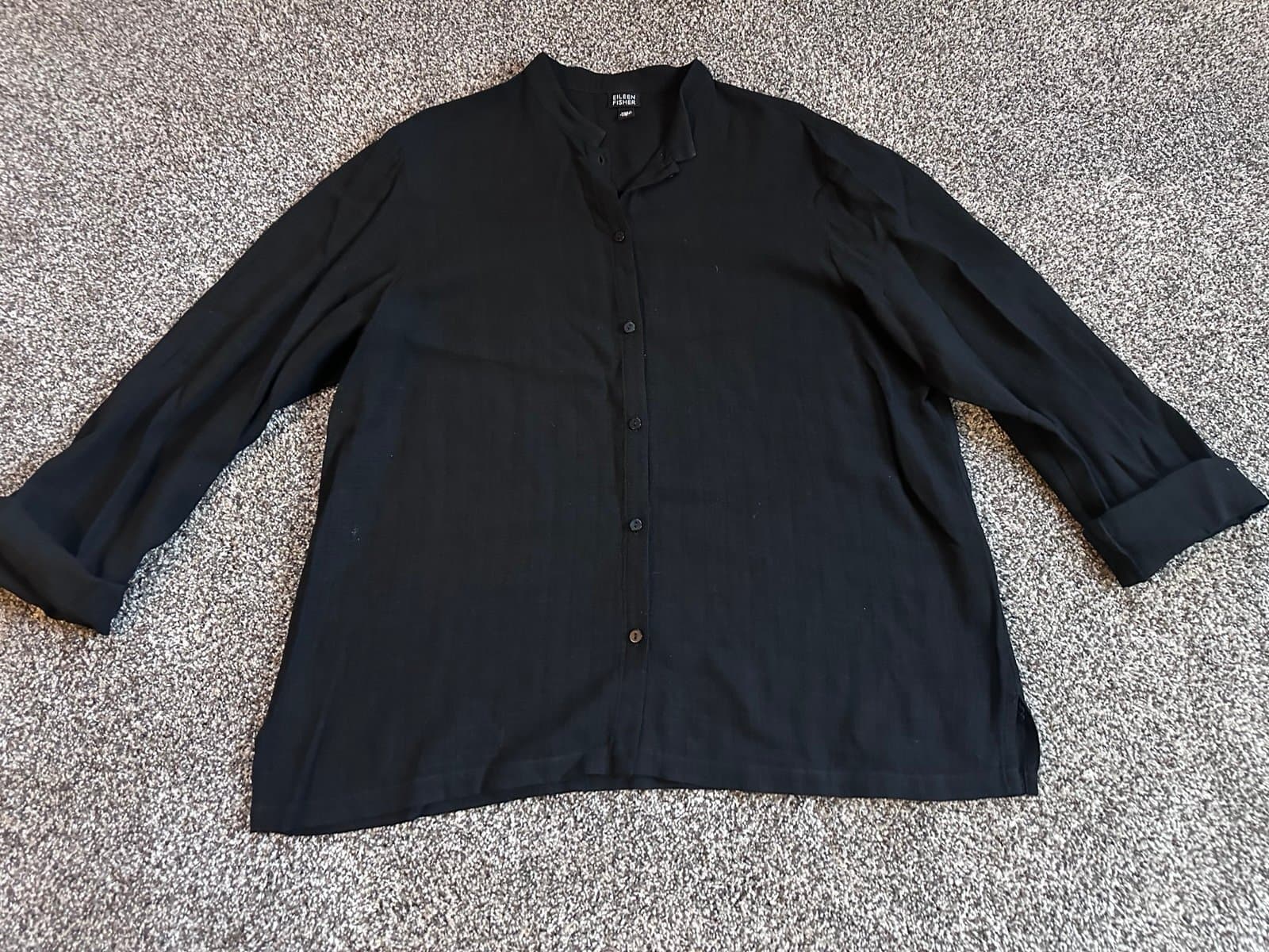 Eileen Fisher Sz. L Black Linen Blend Button Down Long Sleeve Shirt, Made in USA