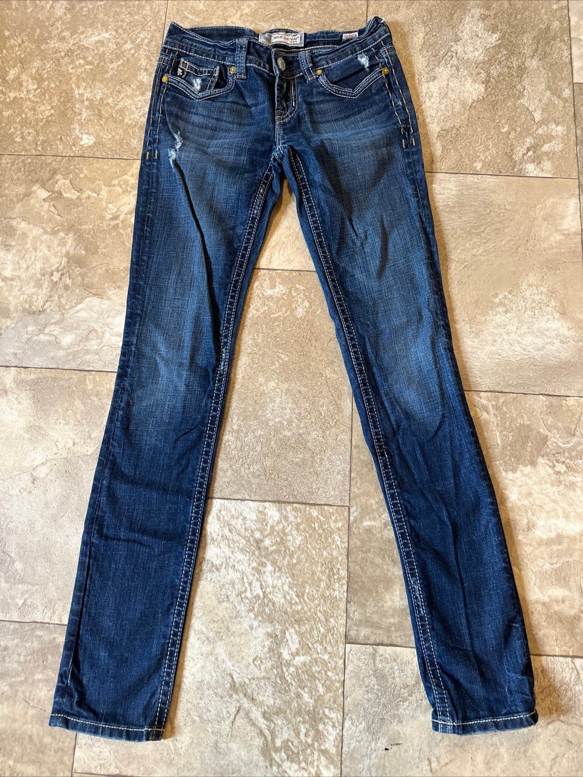 MEK Oaxaca Denim Distressed Low Rise Cigarette Skinny Leg Jeans 26X34