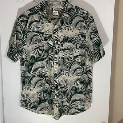 Levis Mens Palm Leaf Print Short Sleeve Button Down Shirt Green Cream Large