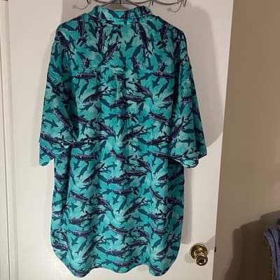 Vintage Columbia Mens Teal Fish Shark Print Rayon Linen Short Sleeve Shirt XXL - Thumbnail 6