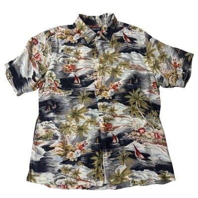 Lands End Mens Large Short Sleeve Hawaiian Shirt Tropical Scenic Sailboat Print