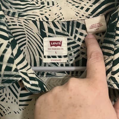 Levis Mens Palm Leaf Print Short Sleeve Button Down Shirt Green Cream Large - Thumbnail 3
