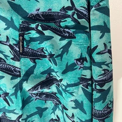 Vintage Columbia Mens Teal Fish Shark Print Rayon Linen Short Sleeve Shirt XXL - Thumbnail 3