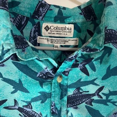 Vintage Columbia Mens Teal Fish Shark Print Rayon Linen Short Sleeve Shirt XXL - Thumbnail 2