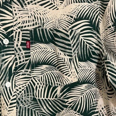Levis Mens Palm Leaf Print Short Sleeve Button Down Shirt Green Cream Large - Thumbnail 2