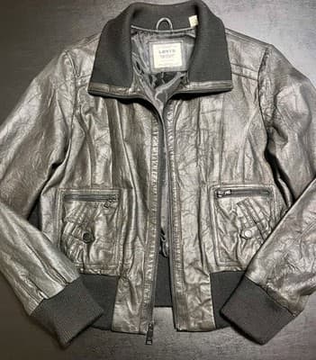 Levi's Women's Faux Leather Moto Bomber Jacket Metallic Gray Ribbed Zip Size L