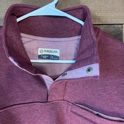 Magellan Outdoor Men's Classic Fit Burgundy Snap Neck Pullover Sweatshirt Size L - Thumbnail 2