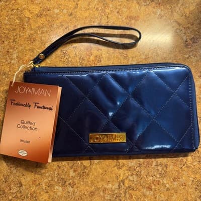 Joy & Iman Quilted Patent Wristlet Wallet Navy Blue Gold Hardware Fashionable