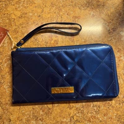 Joy & Iman Quilted Patent Wristlet Wallet Navy Blue Gold Hardware Fashionable - Thumbnail 2