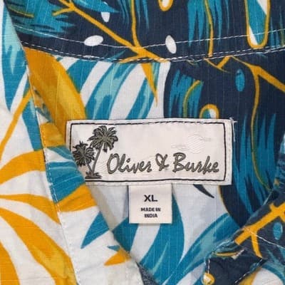 Oliver & Burke Mens XL Hawaiian Leaf Button Down Shirt Blue Yellow White - Thumbnail 2