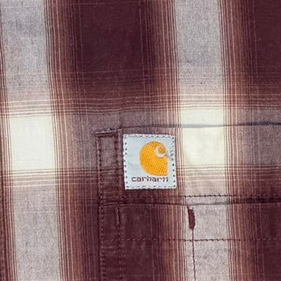 Carhartt Mens Relaxed Fit Plaid Short Sleeve Button Down Shirt Burgundy 2XL - Thumbnail 3