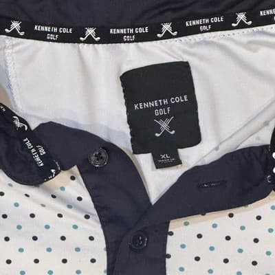 Kenneth Cole Golf Mens XL White Navy Teal Polka Dot Short Sleeve Polo Shirt - Thumbnail 2