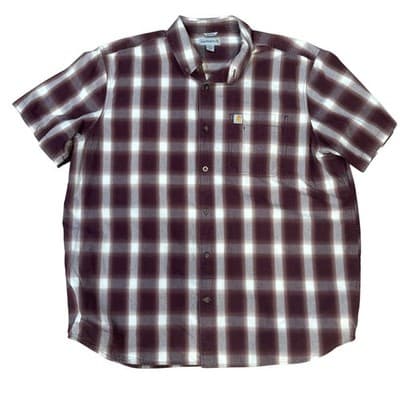 Carhartt Mens Relaxed Fit Plaid Short Sleeve Button Down Shirt Burgundy 2XL