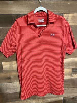 Under Armour HeatGear Men’s Polo Shirt Red Blue Stripe Loose Fit Size M