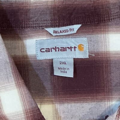 Carhartt Mens Relaxed Fit Plaid Short Sleeve Button Down Shirt Burgundy 2XL - Thumbnail 2