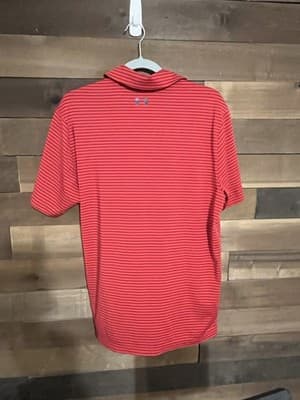 Under Armour HeatGear Men’s Polo Shirt Red Blue Stripe Loose Fit Size M - Thumbnail 2