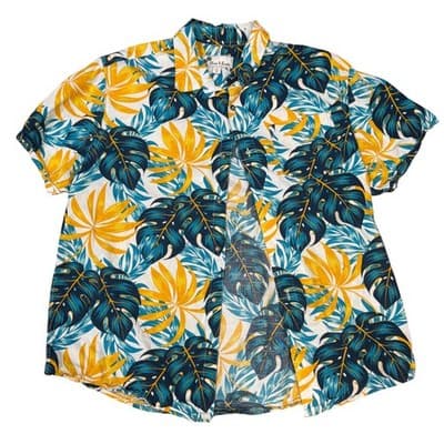Oliver & Burke Mens XL Hawaiian Leaf Button Down Shirt Blue Yellow White