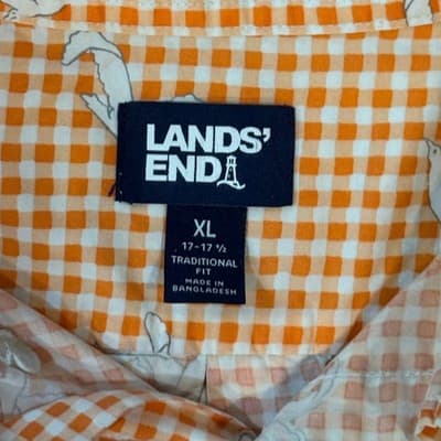 Lands End Mens XL Orange Gingham Seagull Print Short Sleeve Button Down Shirt - Thumbnail 2